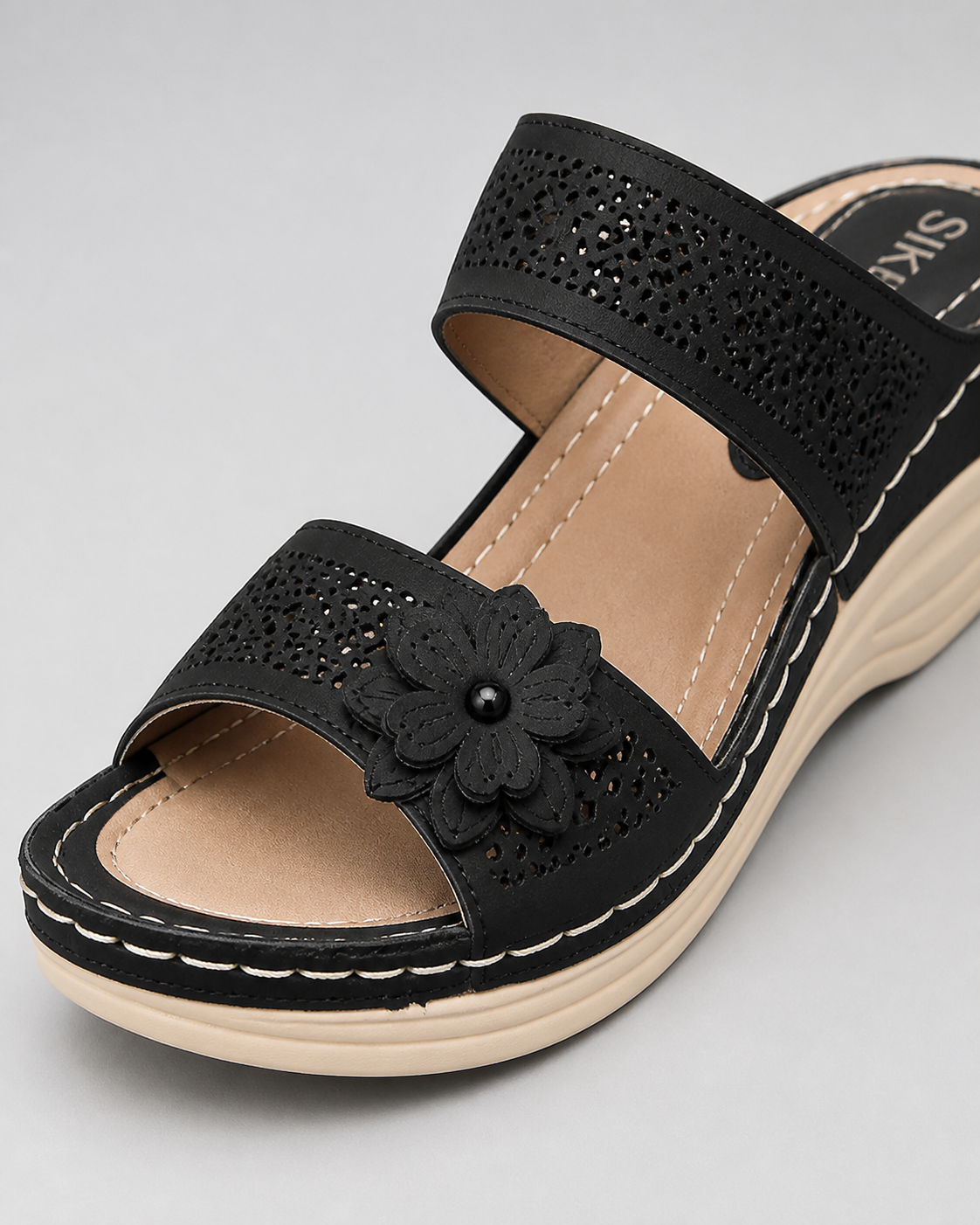 Delor Floral Wedge Slides | Women's Slip-On Platform Sandals — Black — macro