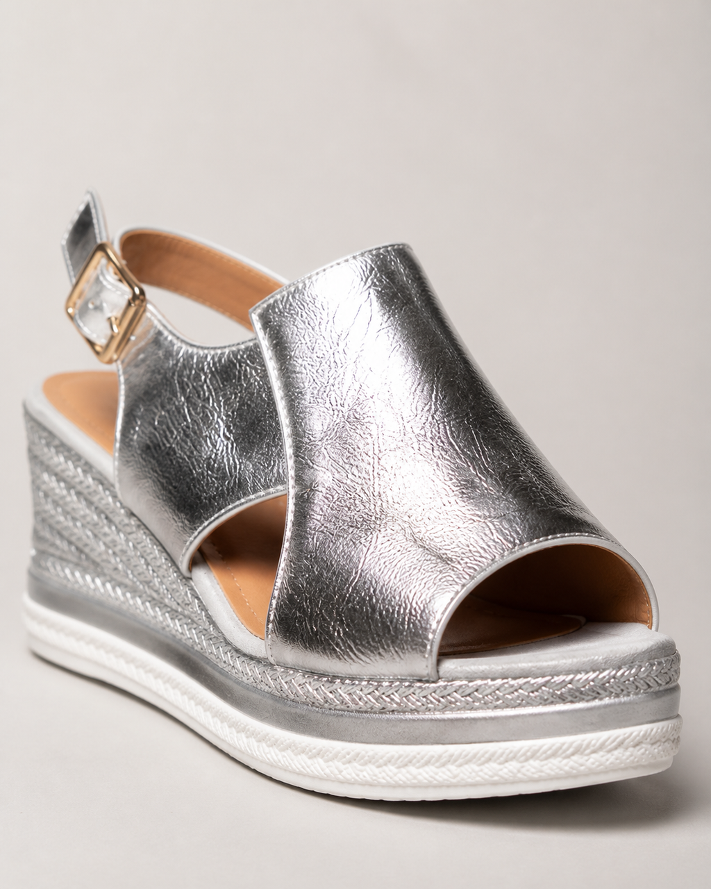Awhitu Metallic Wedge Sandals | Women's Ankle-Strap Espadrille — Silver — macro