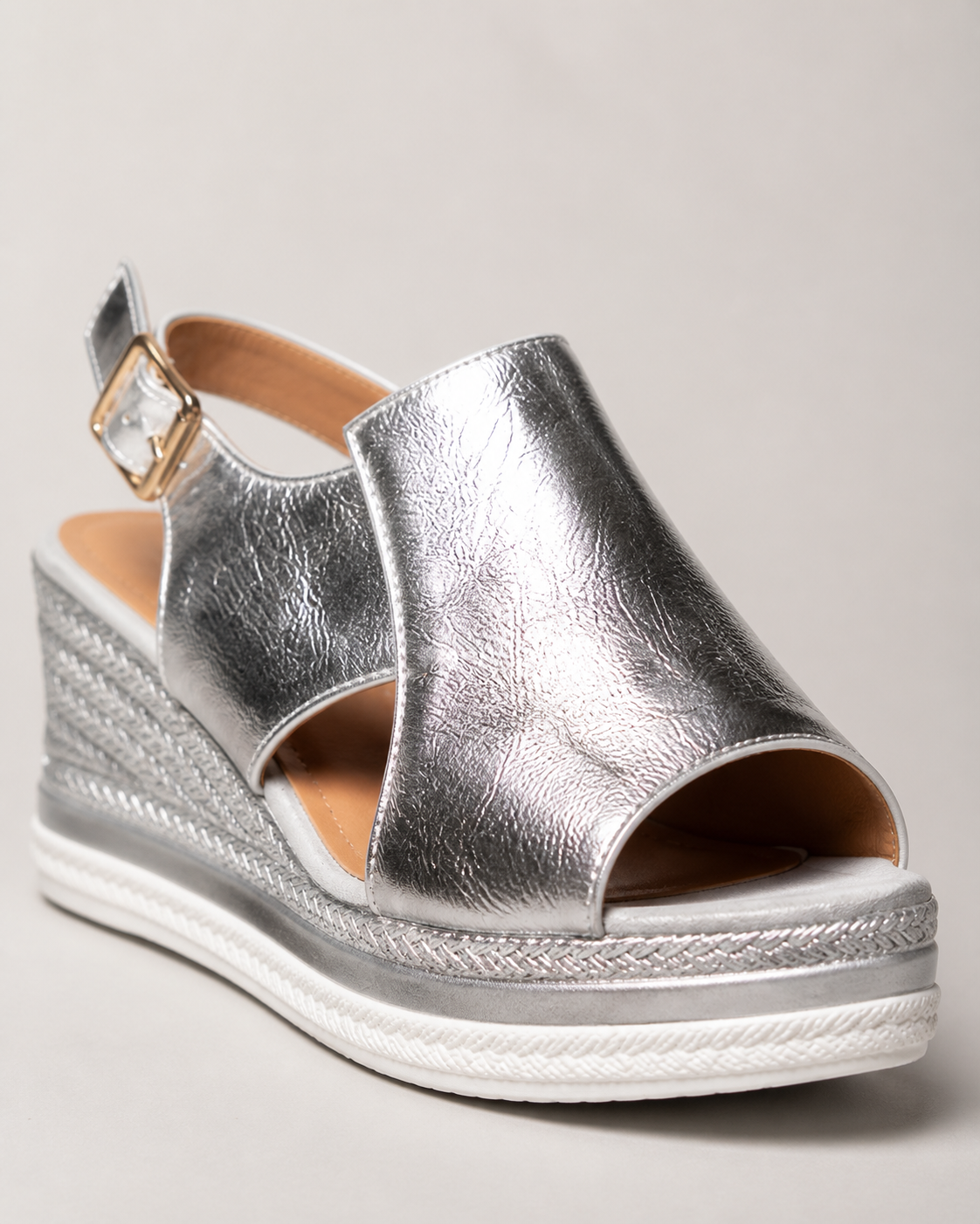 Awhitu Metallic Wedge Sandals | Women's Ankle-Strap Espadrille — Silver — macro