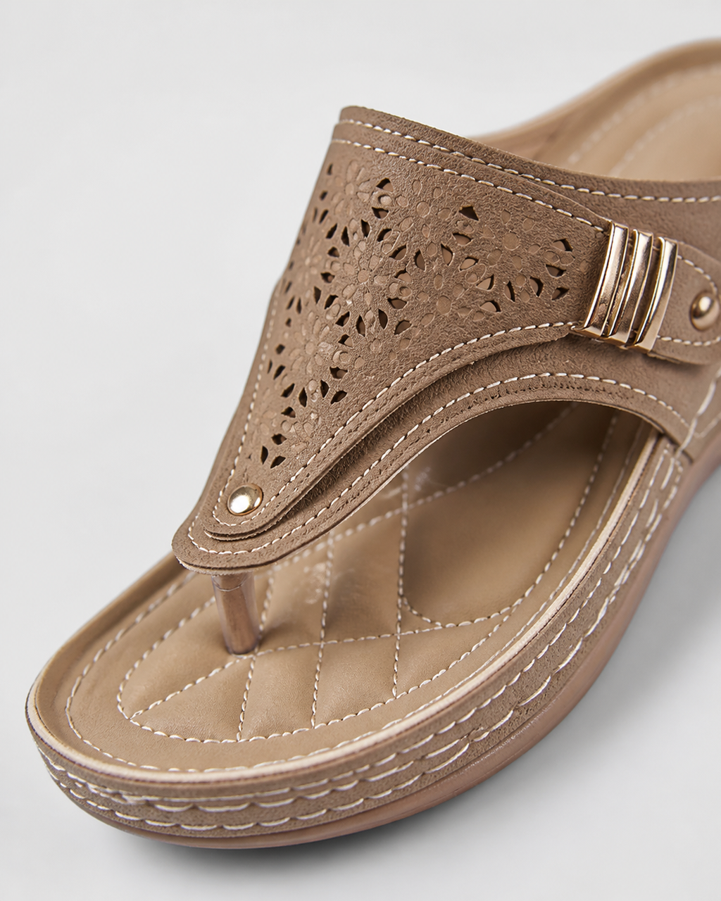 Zara Embroidered Wedge Sandals | Women's Toe-Post Slip-On Sandals — Brown — macro