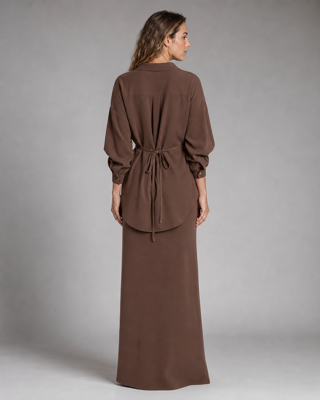 Lisa Shirt & Skirt Set | Women's Two-Piece Drawstring Co-Ord — Brown — back