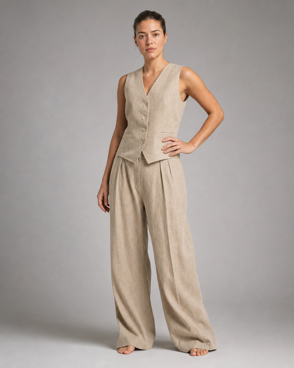 Omi Two-Piece Set | Women's Effortless Wide-Leg Co-Ord — Beige — threequarter