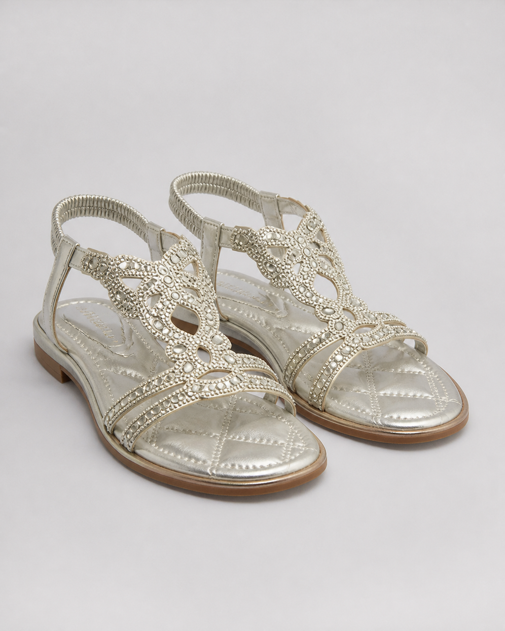 Elina Floral-Trim Flat Sandals | Women's Embellished Slingback Sandals — Silver — hero