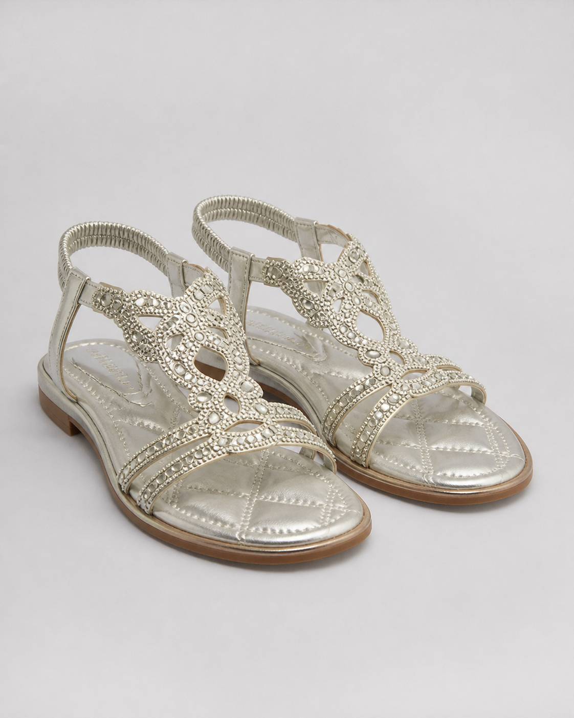 Elina Floral-Trim Flat Sandals | Women's Embellished Slingback Sandals — Silver — hero