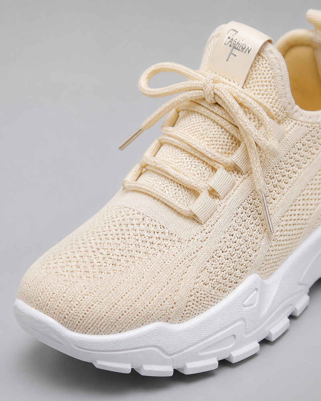 Aura Chunky-Sole Knit Trainers | Women's Lace-Up Mesh Sneakers — Khaki — macro