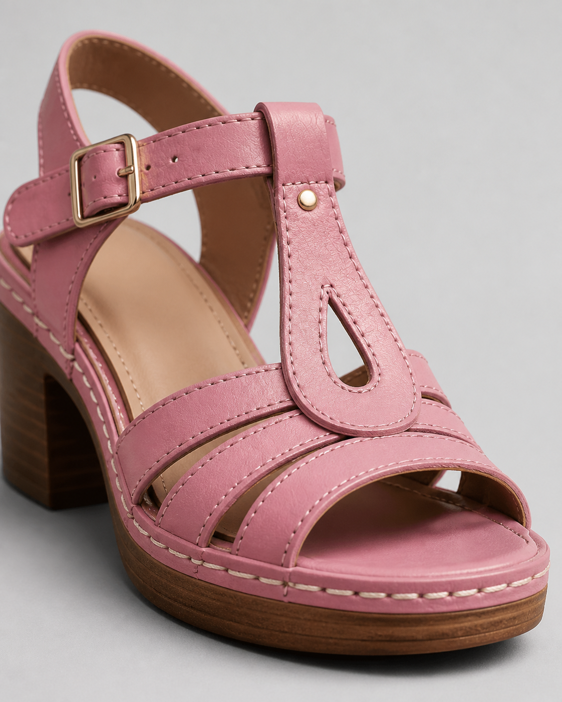 Halvine Block Heel Sandals | Women's Cut-Out Ankle-Strap Sandals — Pink — macro