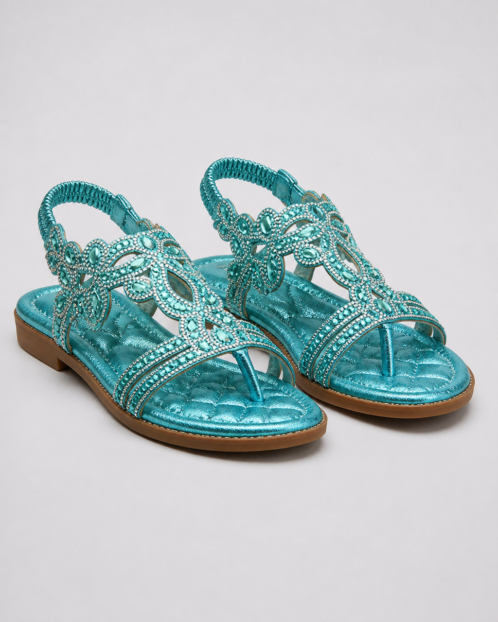 Elina Floral-Trim Flat Sandals | Women's Embellished Slingback Sandals — Light Blue — hero