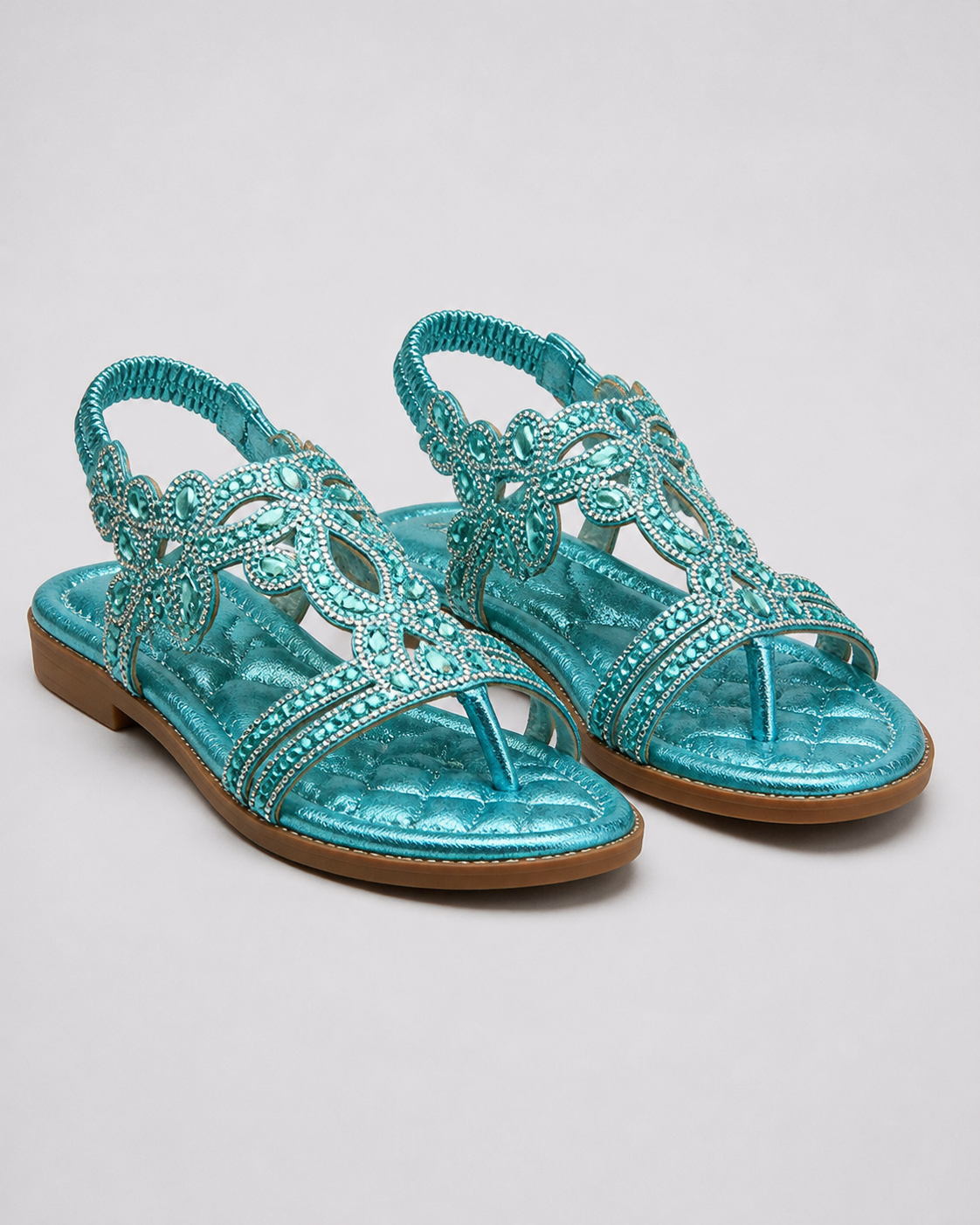 Elina Floral-Trim Flat Sandals | Women's Embellished Slingback Sandals — Light Blue — hero