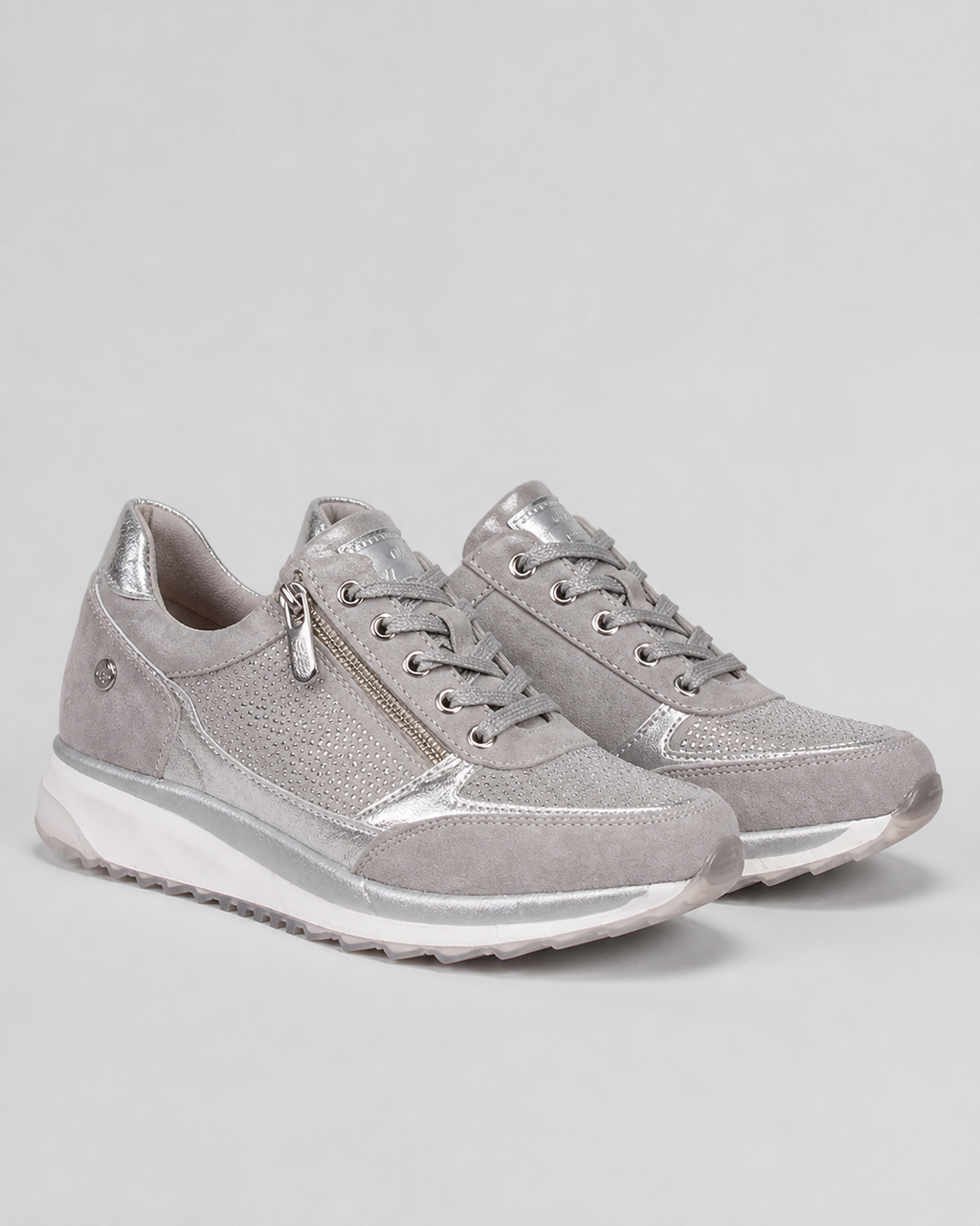 Sparkle Rhinestone Zip Trainers | Women's Metallic Lace-Up Sneakers — Silver — hero