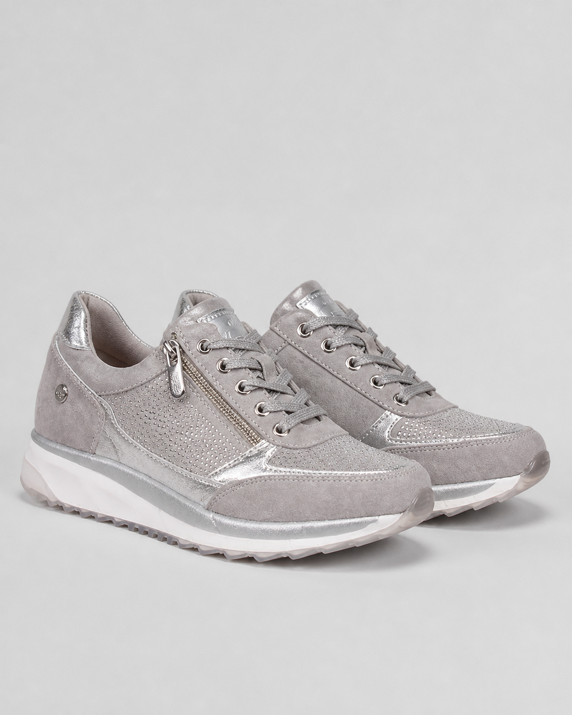Sparkle Rhinestone Zip Trainers | Women's Metallic Lace-Up Sneakers — Silver — hero