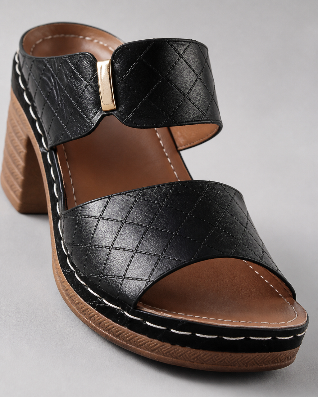 Venezia Block Heel Sandals | Women's Wide-Strap Heeled Sandals — Black — macro