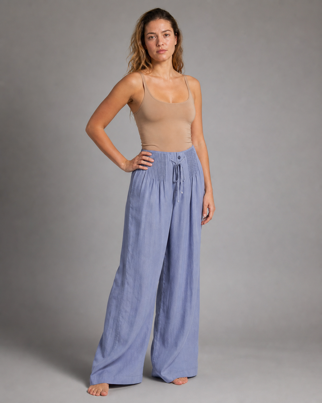Annabelle Wide-Leg Palazzo Pants | Women's Drawstring Trousers — Blue — threequarter