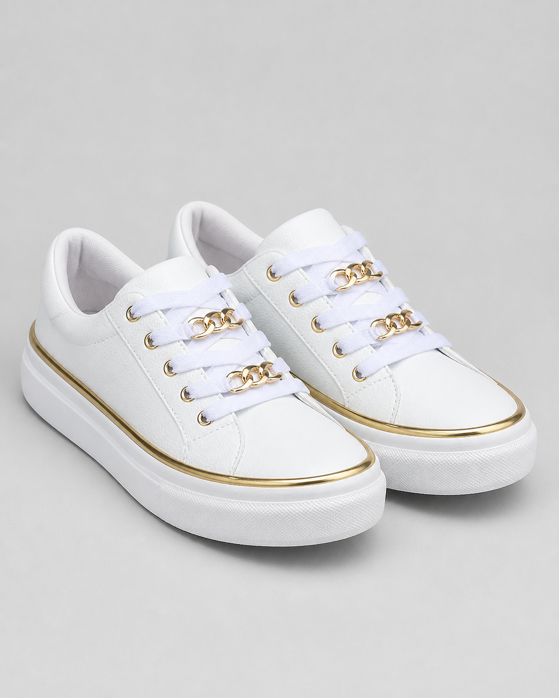 Cleo Gold-Chain Platform Sneakers | Women's Lace-Up Trainers — White — hero