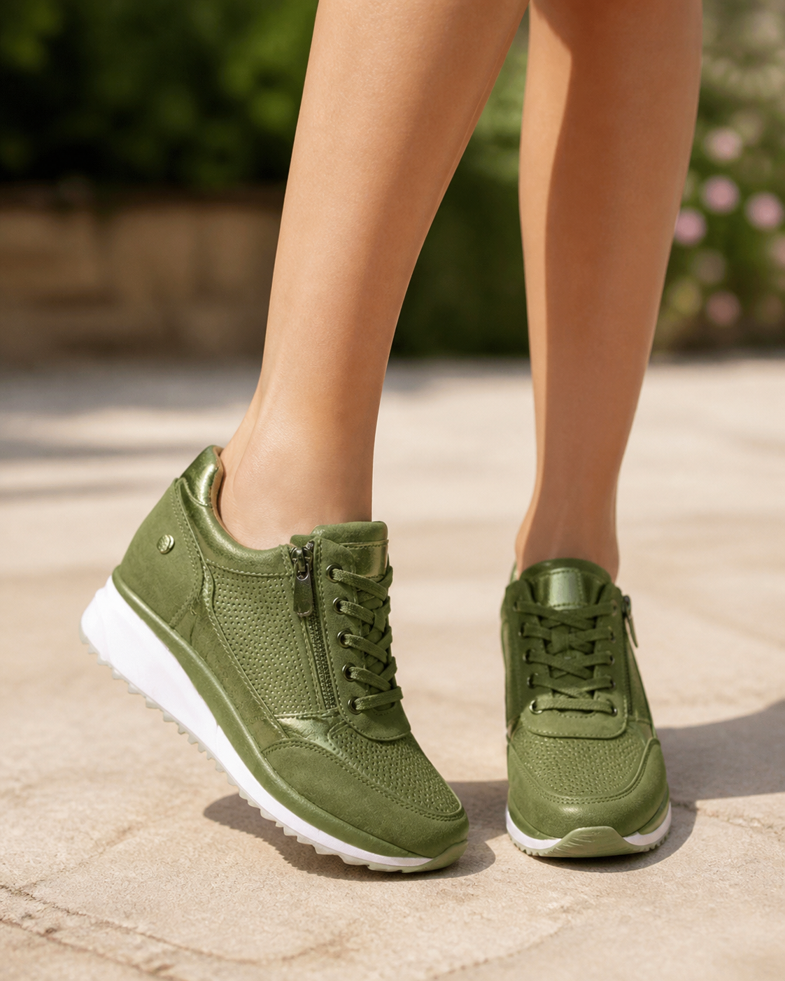 Sparkle Rhinestone Zip Trainers | Women's Metallic Lace-Up Sneakers — Green — onfoot