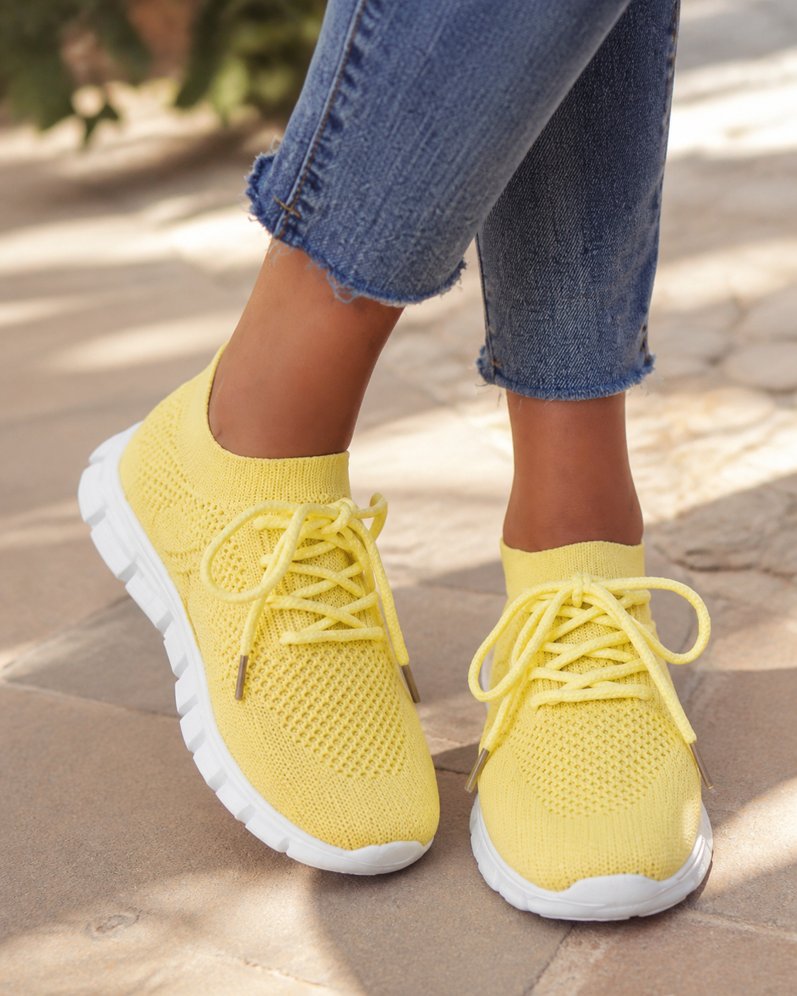 Nova Lightweight Knit Sneakers | Women's Lace-Up Trainers — Yellow — onfoot