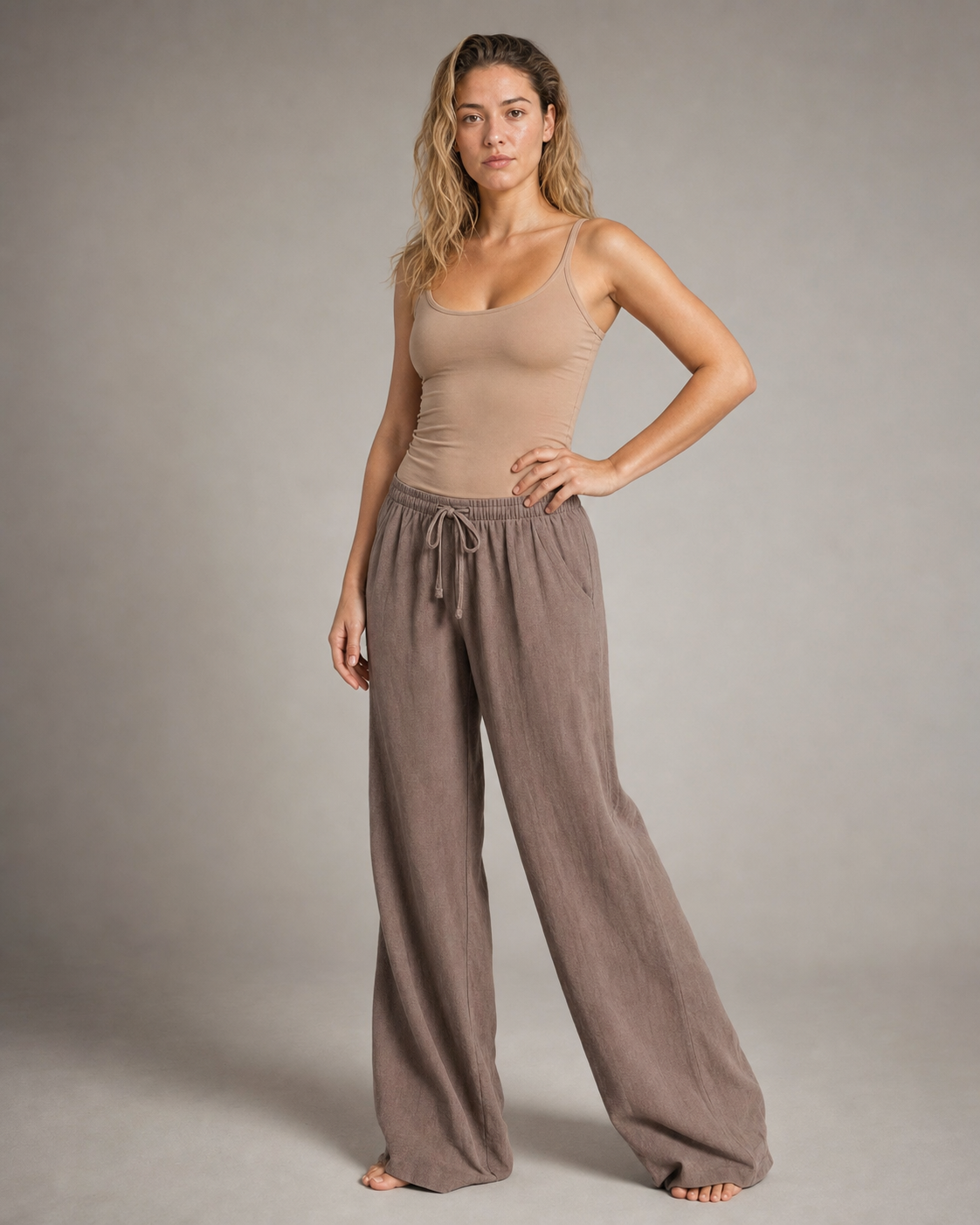 Cherry Drawstring Wide-Leg Pants | Women's Relaxed Trousers — Brown — threequarter