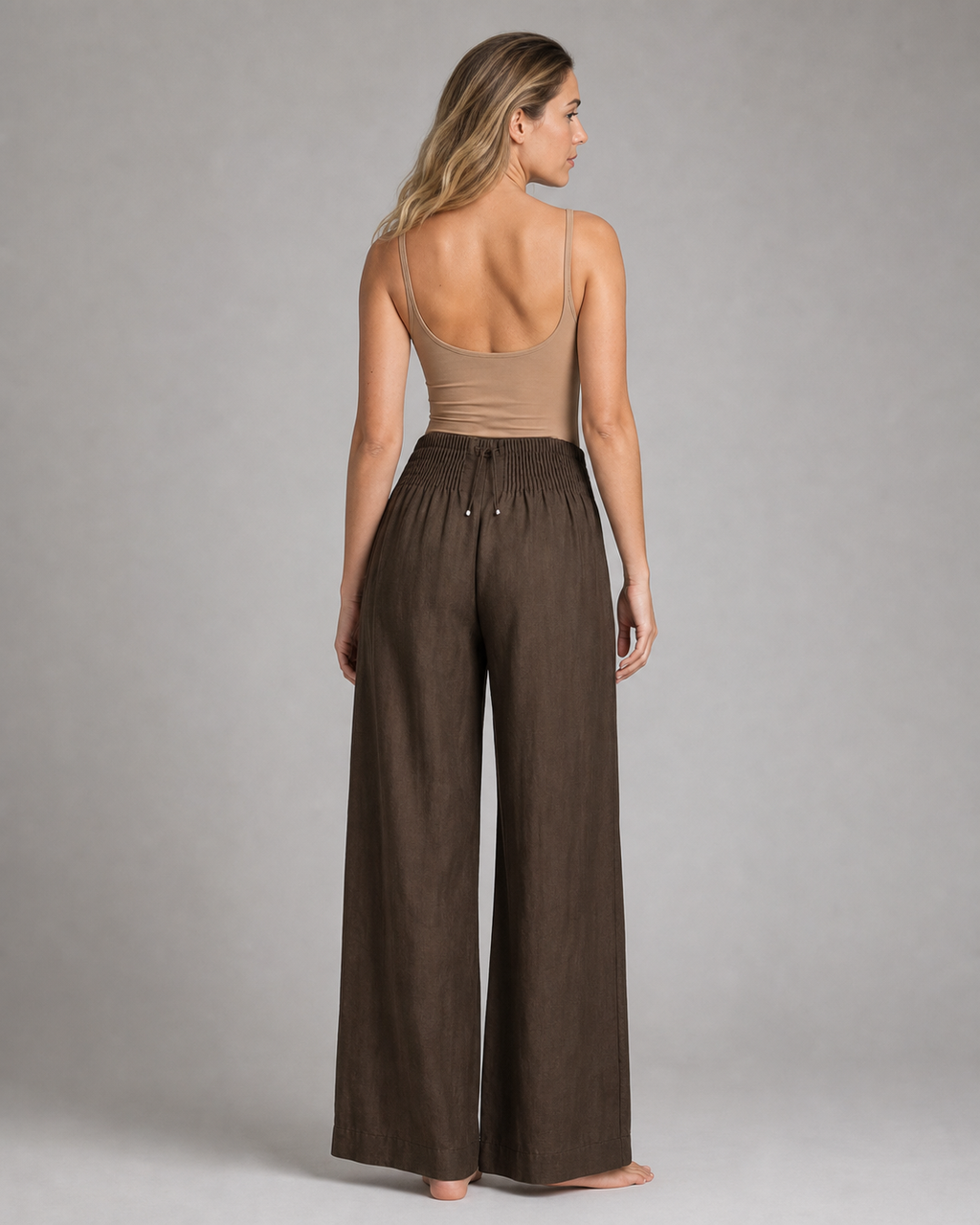 Annabelle Wide-Leg Palazzo Pants | Women's Drawstring Trousers — Coffee Brown — back