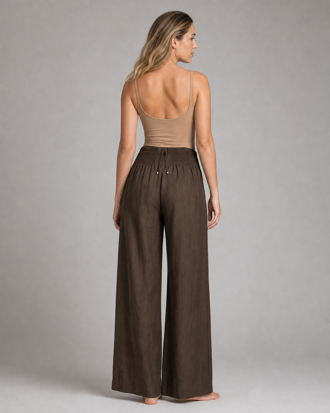 Annabelle Wide-Leg Palazzo Pants | Women's Drawstring Trousers — Coffee Brown — back