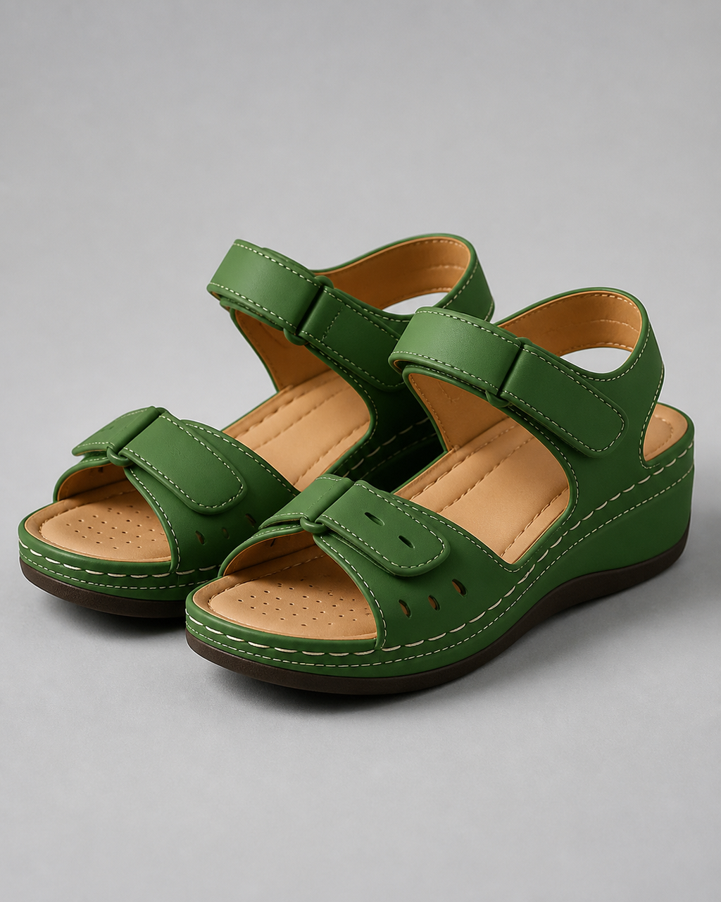 Vera Twin-Strap Wedge Sandals | Women's Cushioned Comfort Sandals — Green — hero