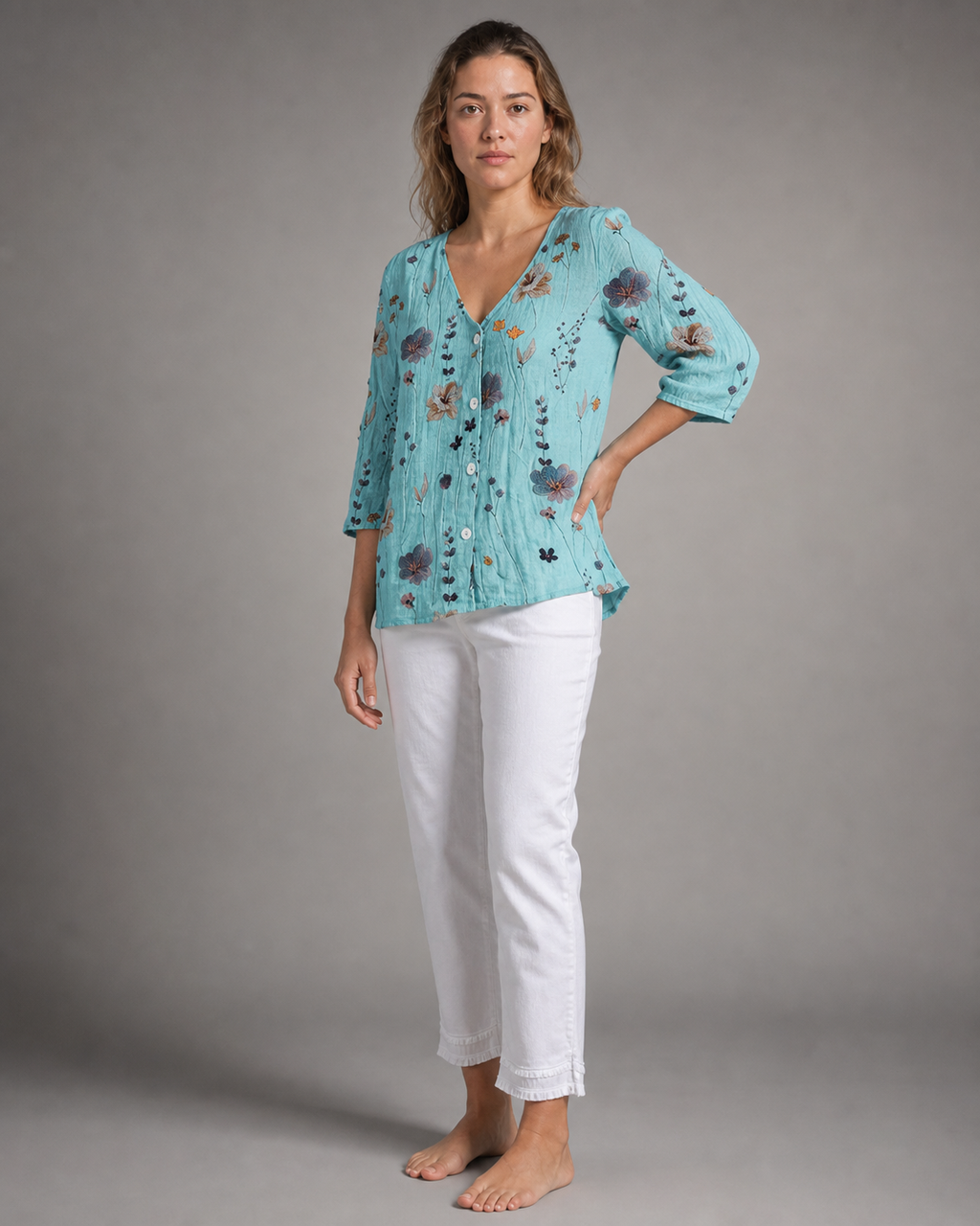 Sherry Floral Blouse | Women's V-Neck Relaxed Top — Blue — threequarter