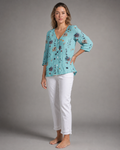 Sherry Floral Blouse | Women's V-Neck Relaxed Top — Blue — threequarter