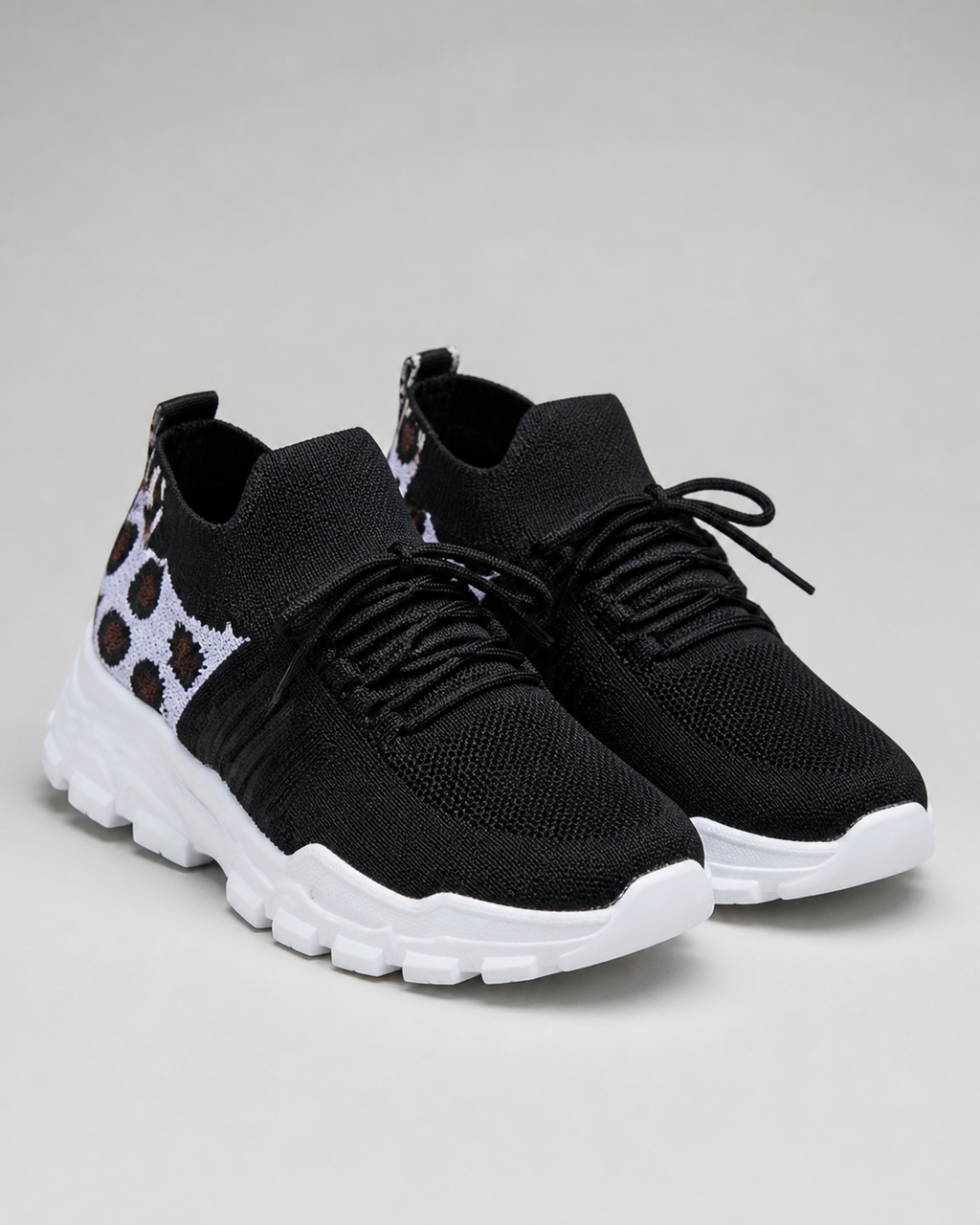 Aura Chunky-Sole Knit Trainers | Women's Lace-Up Mesh Sneakers — Black/White — hero