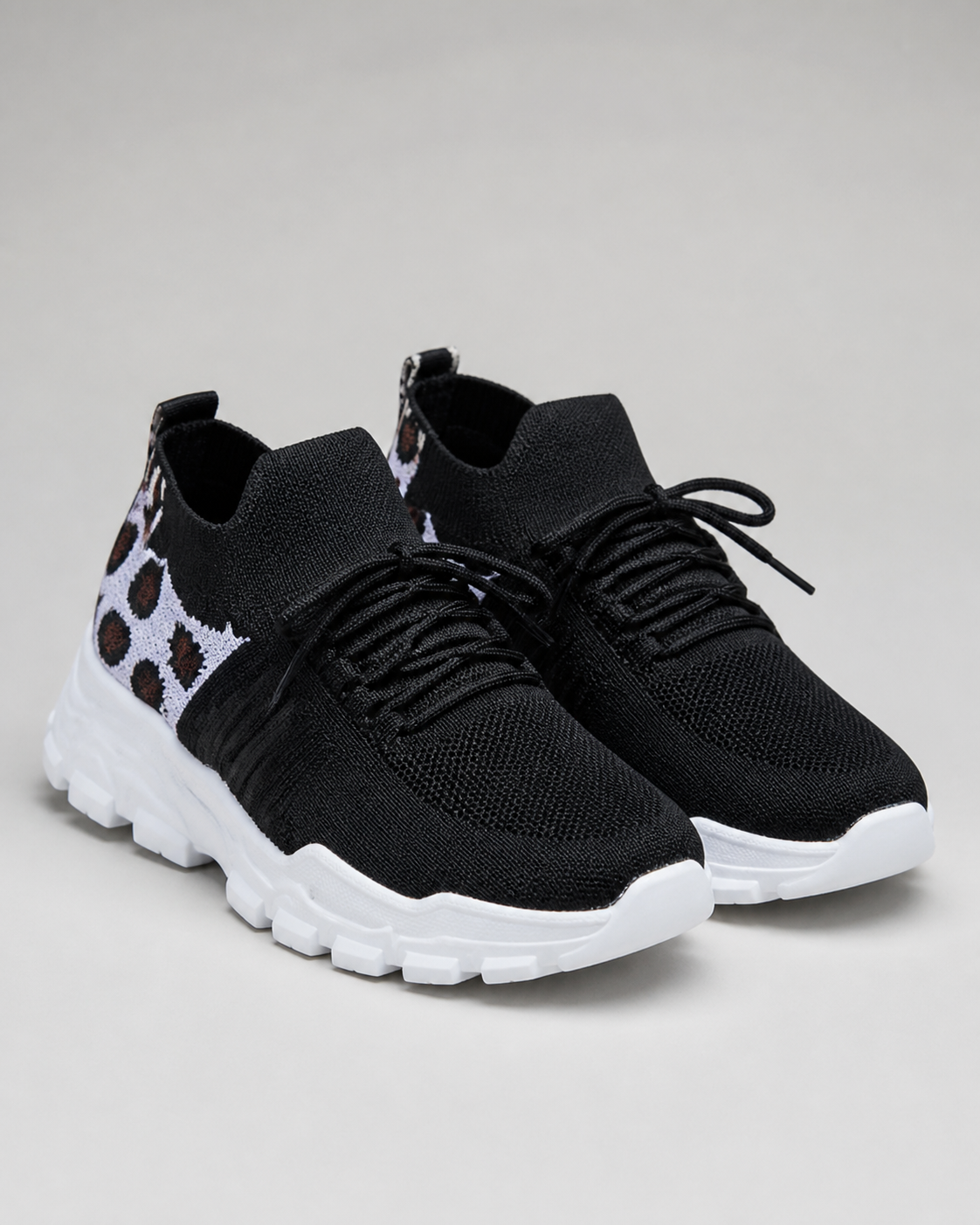 Aura Chunky-Sole Knit Trainers | Women's Lace-Up Mesh Sneakers — Black/White — hero