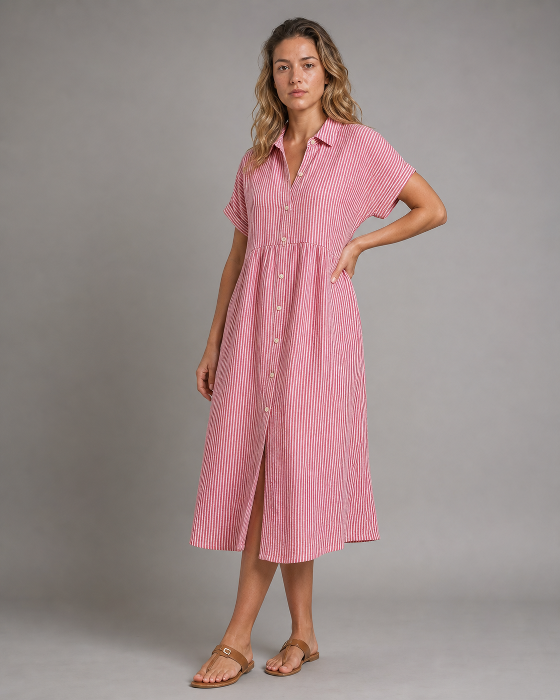 Corinne Striped Shirt | Women's Relaxed Button-Up Top — Red — threequarter