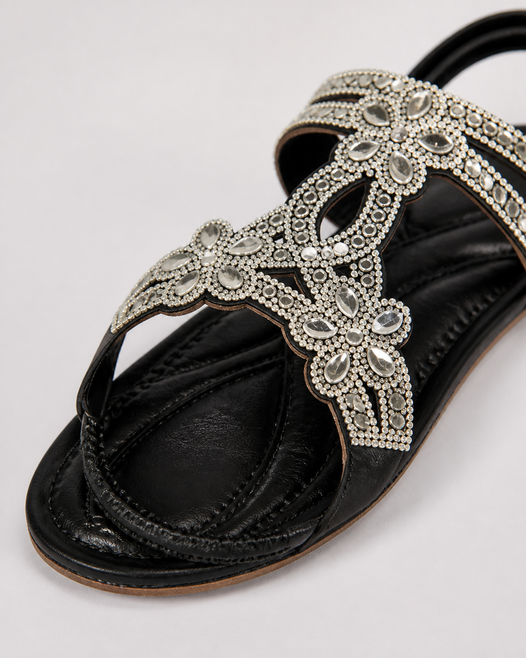 Elina Floral-Trim Flat Sandals | Women's Embellished Slingback Sandals — Black — macro