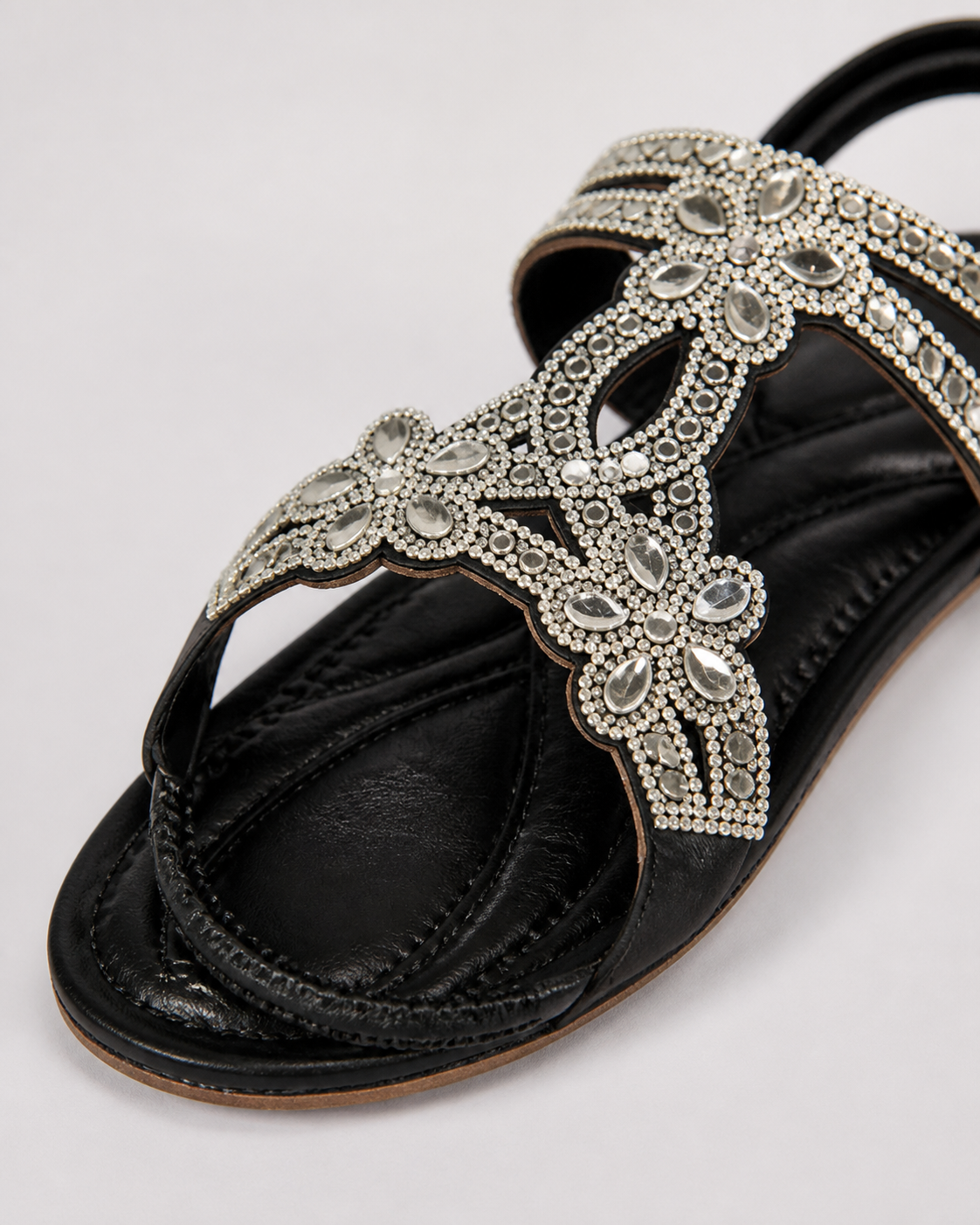 Elina Floral-Trim Flat Sandals | Women's Embellished Slingback Sandals — Black — macro