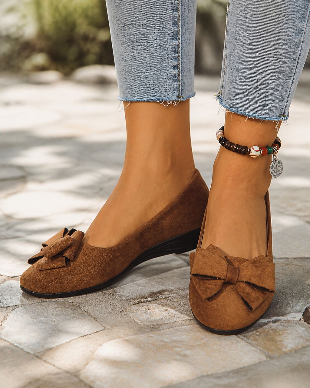 Maisie Wedge Ballet Flats | Women's Bow Slip-On Flats — Brown — onfoot