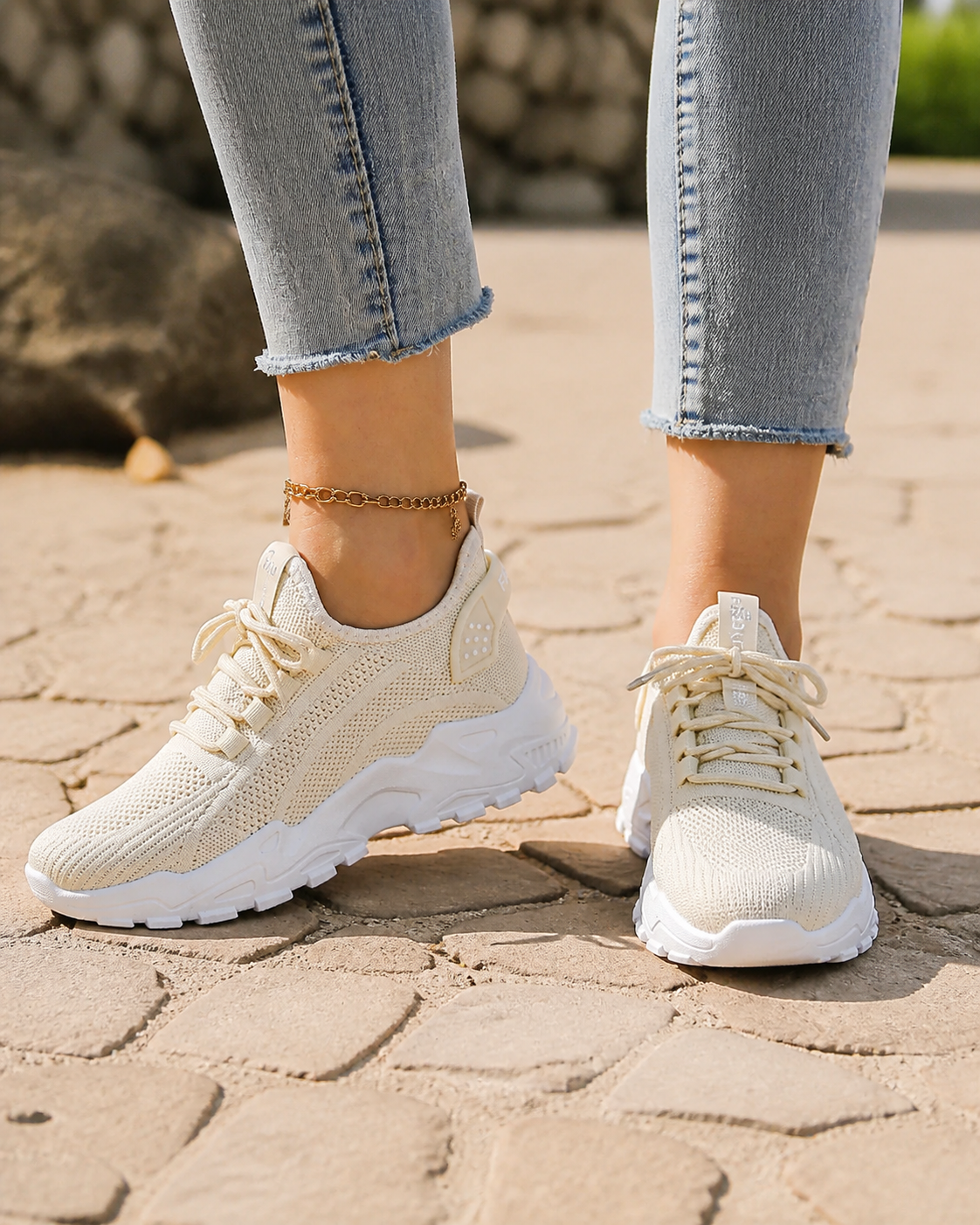 Aura Chunky-Sole Knit Trainers | Women's Lace-Up Mesh Sneakers — Khaki — onfoot