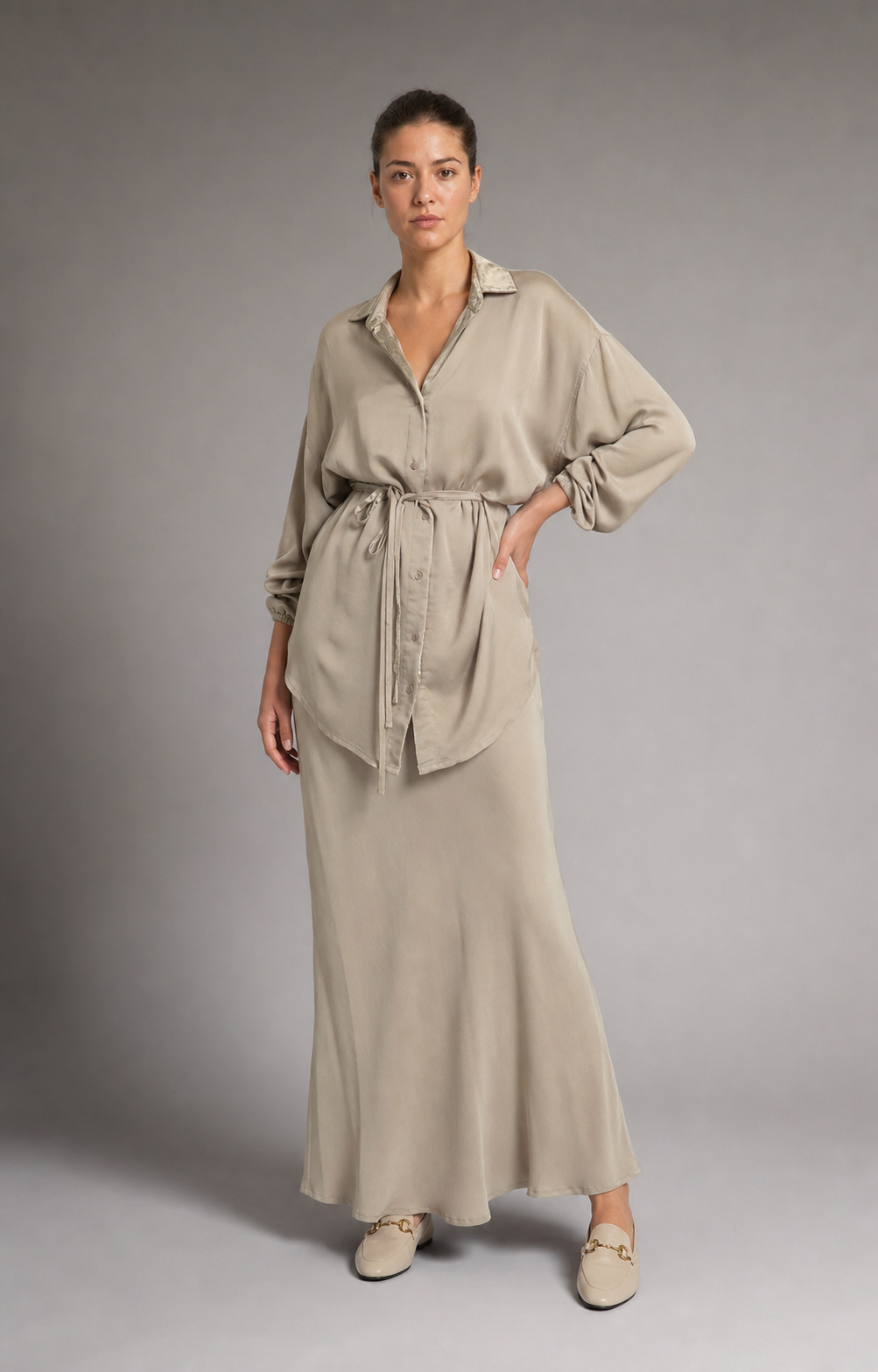 Lisa Shirt & Skirt Set | Women's Two-Piece Drawstring Co-Ord — Light Green — threequarter