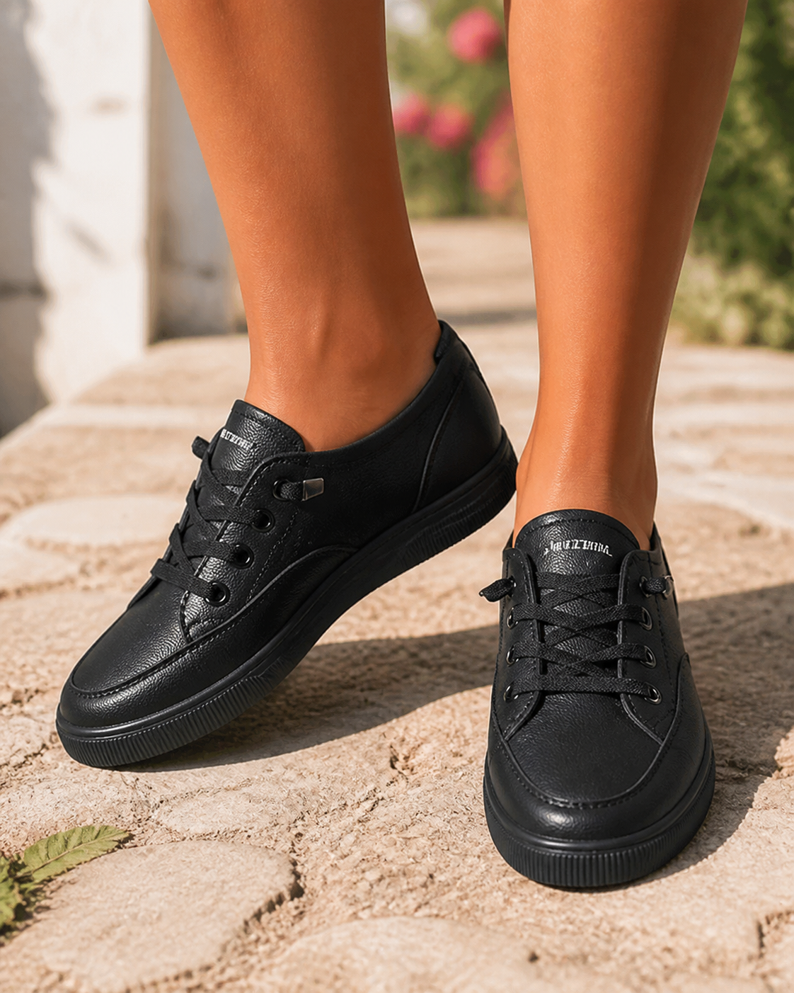 Penny Low-Profile Canvas Sneakers | Women's Lace-Up Flat Trainers — Black — onfoot