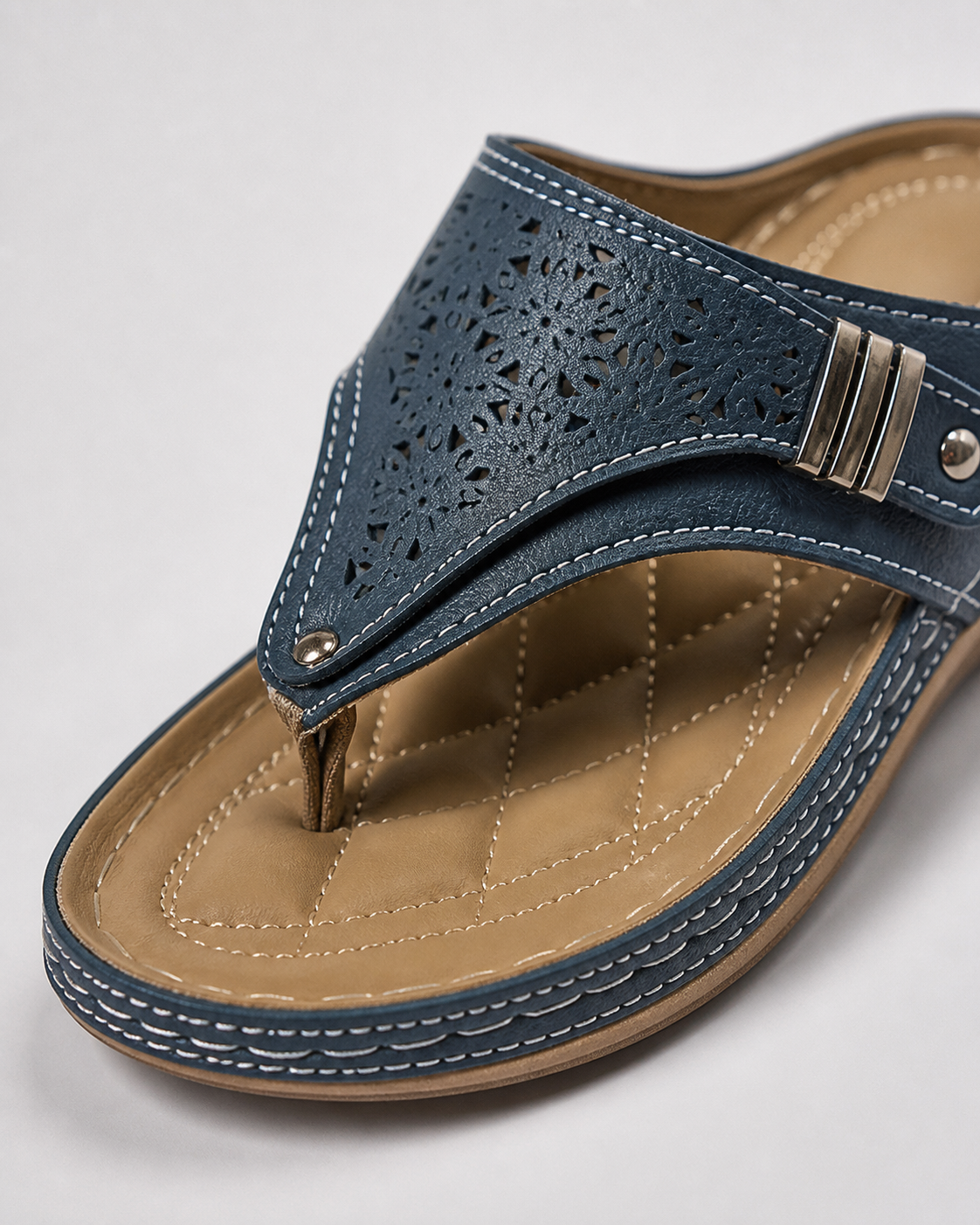 Zara Embroidered Wedge Sandals | Women's Toe-Post Slip-On Sandals — Navy — macro