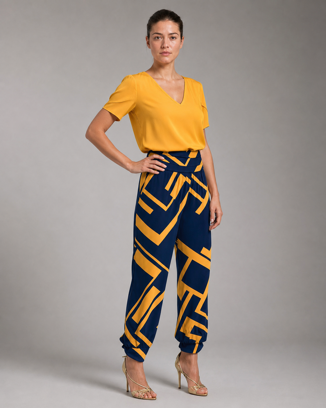 Alexandra Printed Co-Ord | Women's Two-Piece Trouser Set — Yellow — threequarter