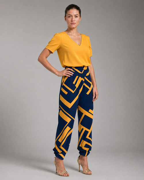 Alexandra Printed Co-Ord | Women's Two-Piece Trouser Set — Yellow — threequarter