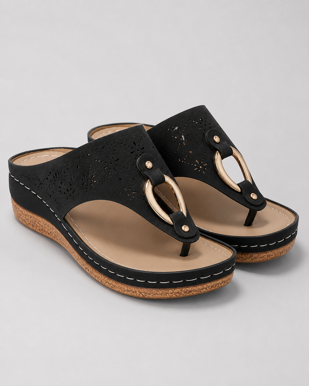 Bianca Toe-Loop Flat Sandals | Women's Embellished Comfort Sandals — Black — hero