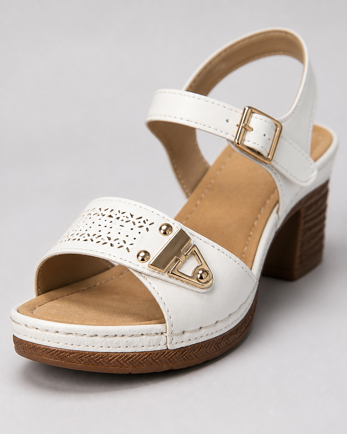 Amalfi Block Heel Sandals | Women's Strappy Buckle Heeled Sandals — White — macro