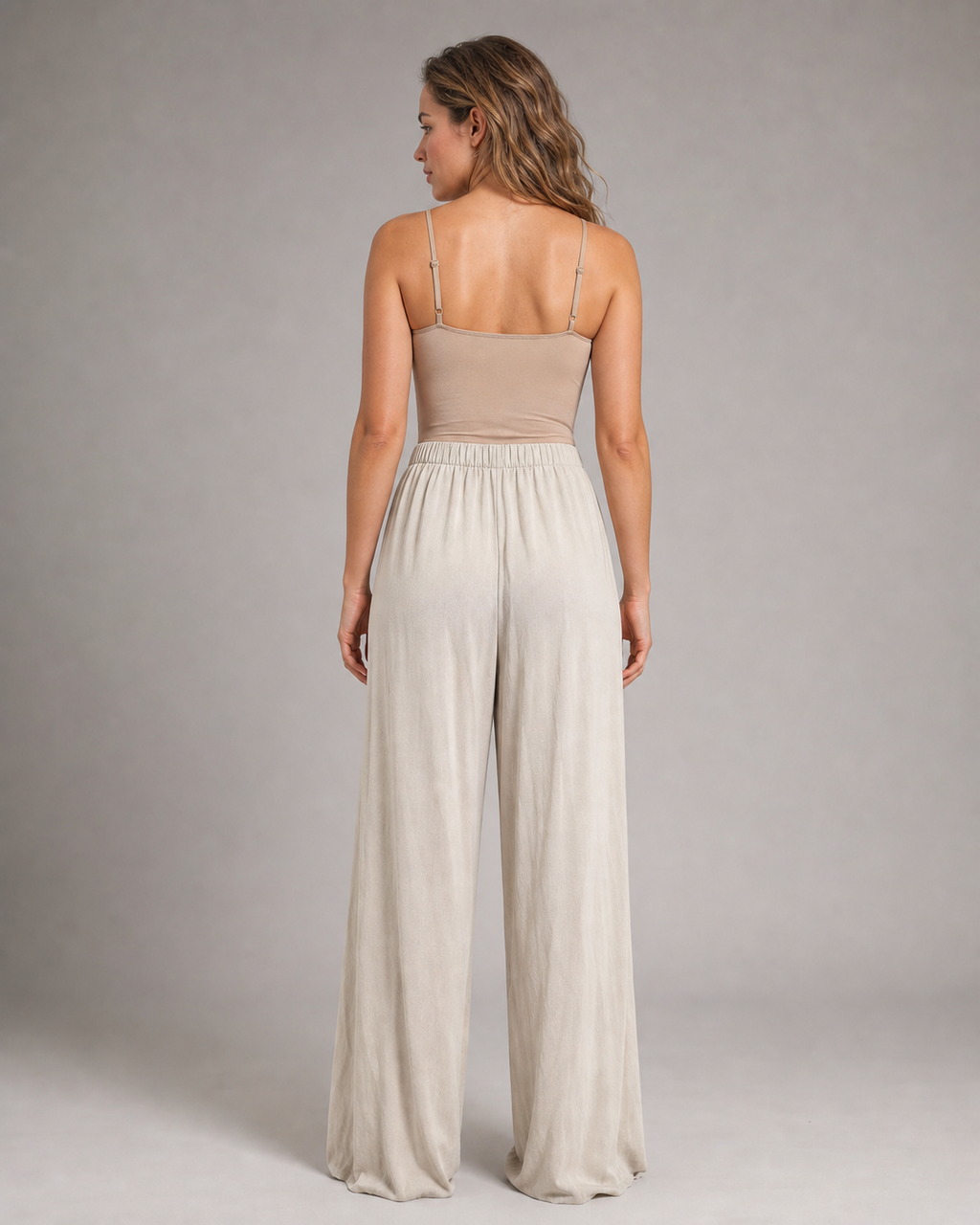 Cherry Drawstring Wide-Leg Pants | Women's Relaxed Trousers — Beige — back