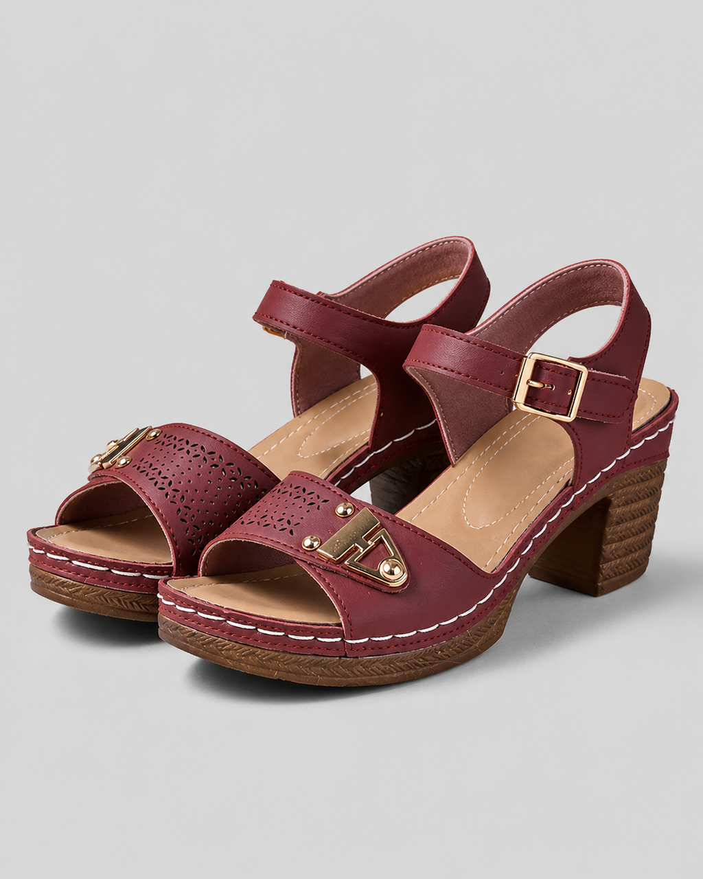 Amalfi Block Heel Sandals | Women's Strappy Buckle Heeled Sandals — Crimson — hero