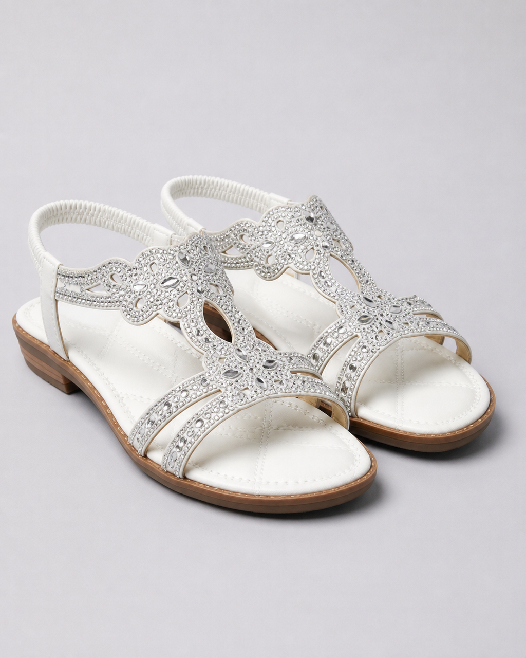 Elina Floral-Trim Flat Sandals | Women's Embellished Slingback Sandals — White — hero