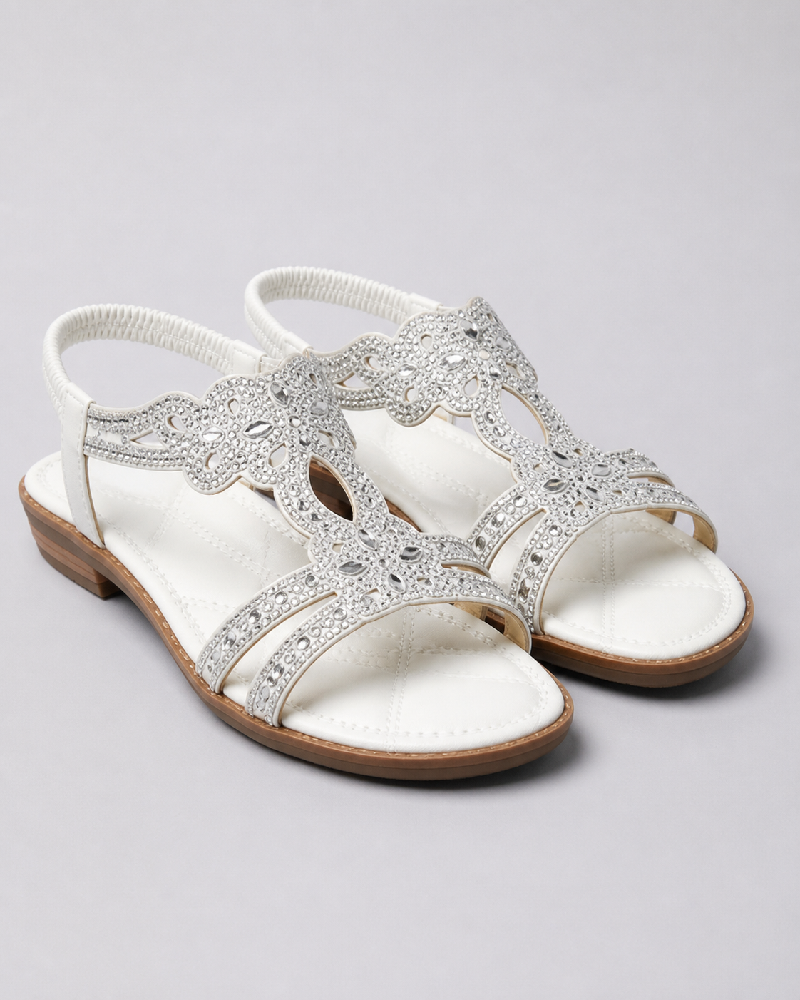 Elina Floral-Trim Flat Sandals | Women's Embellished Slingback Sandals — White — hero