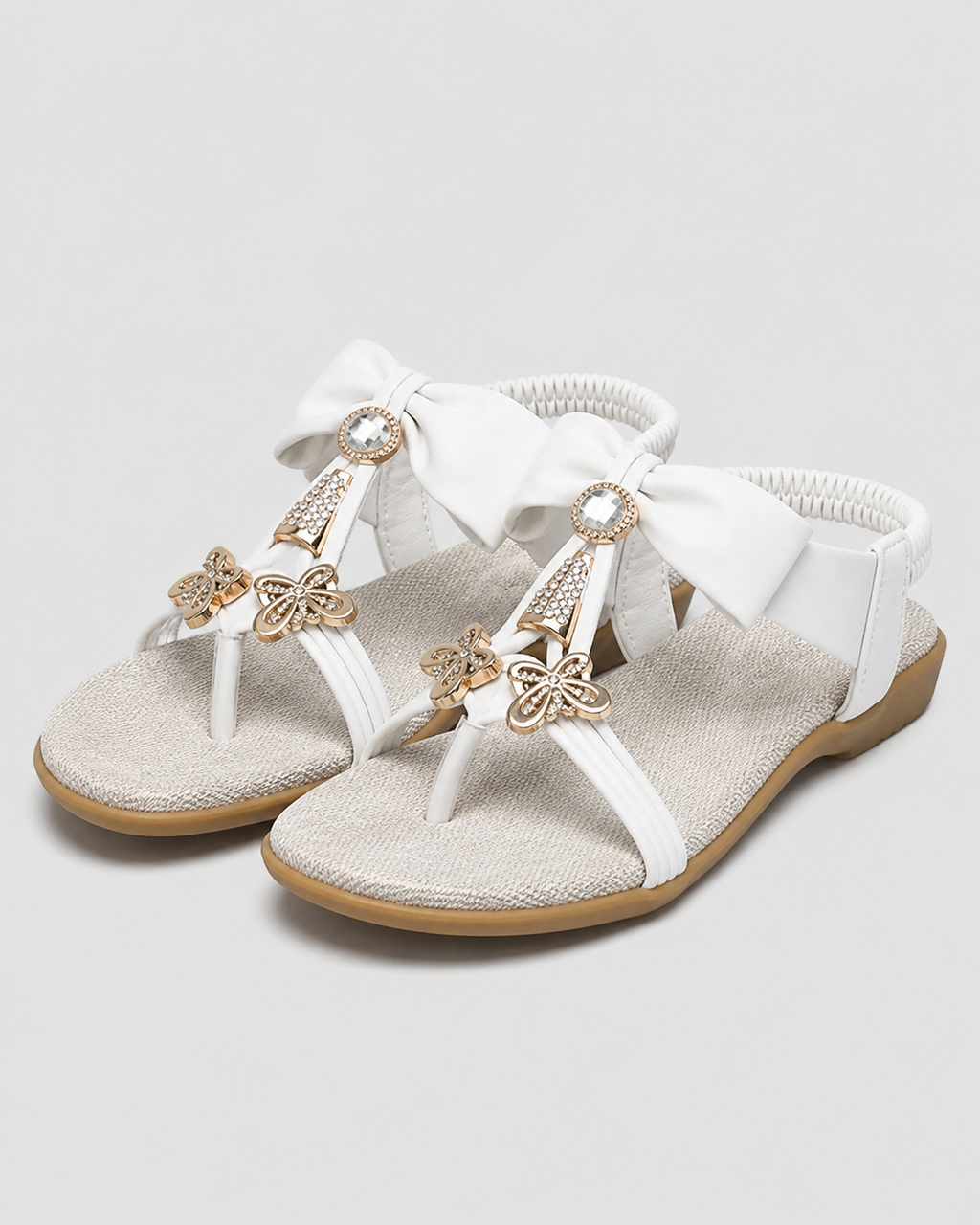 Arianne Bow Flat Sandals | Women's Embellished Summer Sandals — White — hero