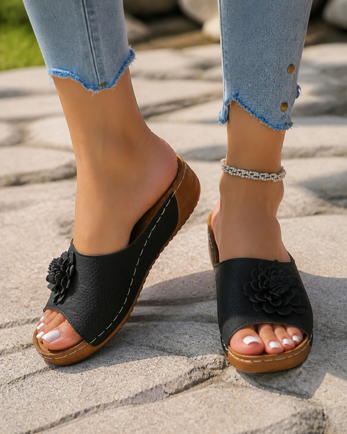 Flora Floral Wedge Sandals | Women's Slip-On Comfort Sandals — Black — onfoot