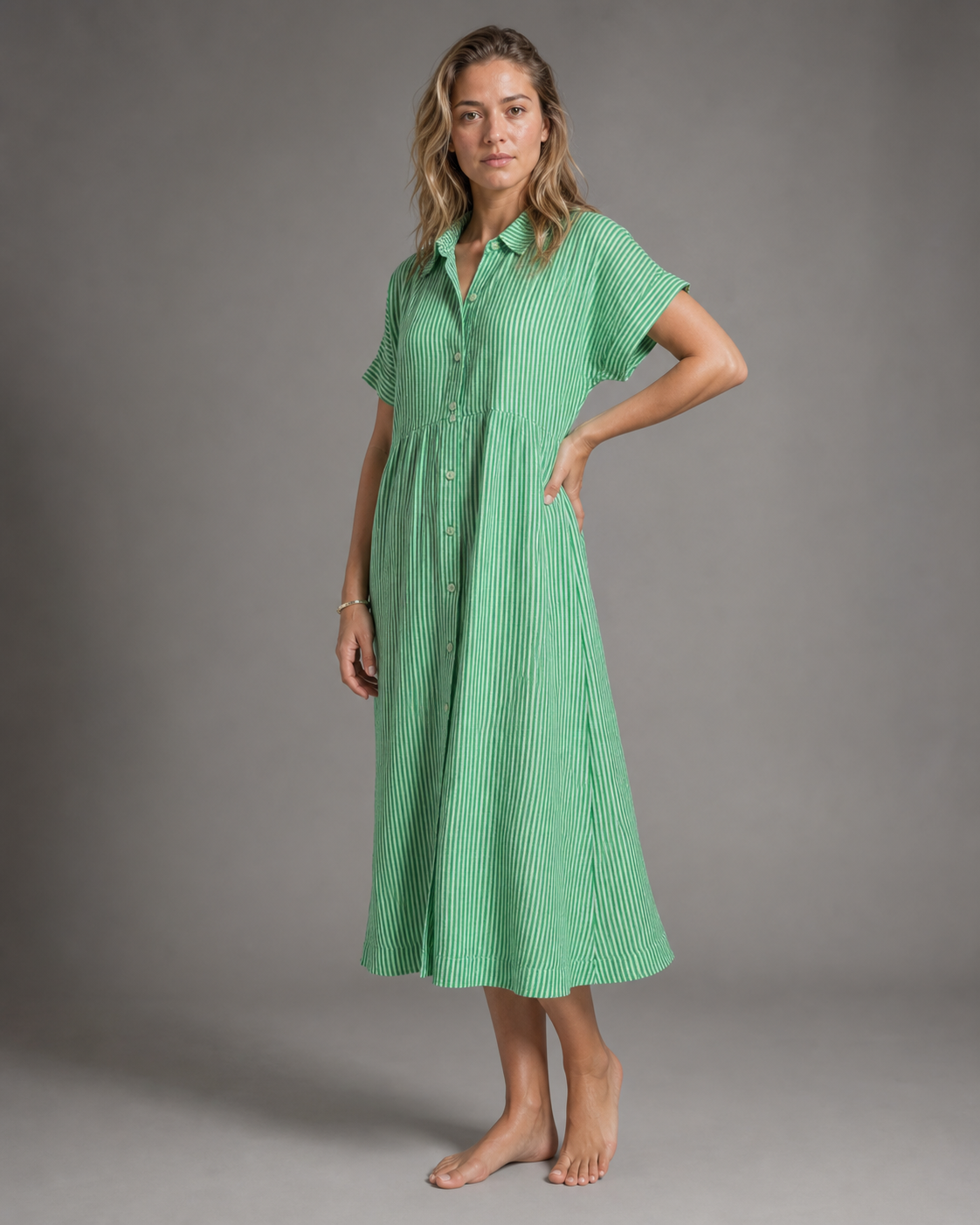 Corinne Striped Shirt | Women's Relaxed Button-Up Top — Green — threequarter