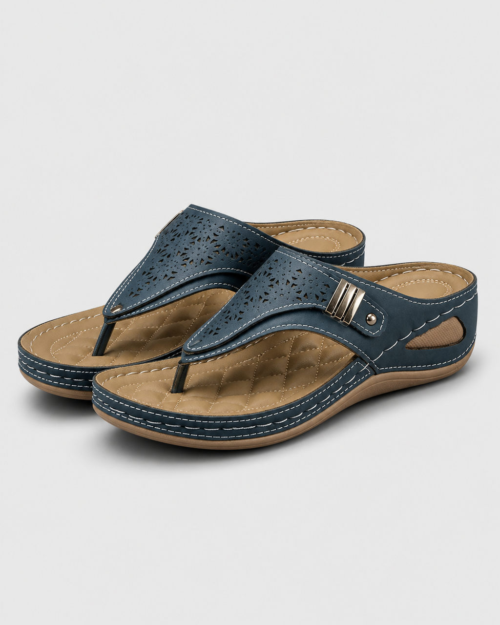 Zara Embroidered Wedge Sandals | Women's Toe-Post Slip-On Sandals — Navy — hero