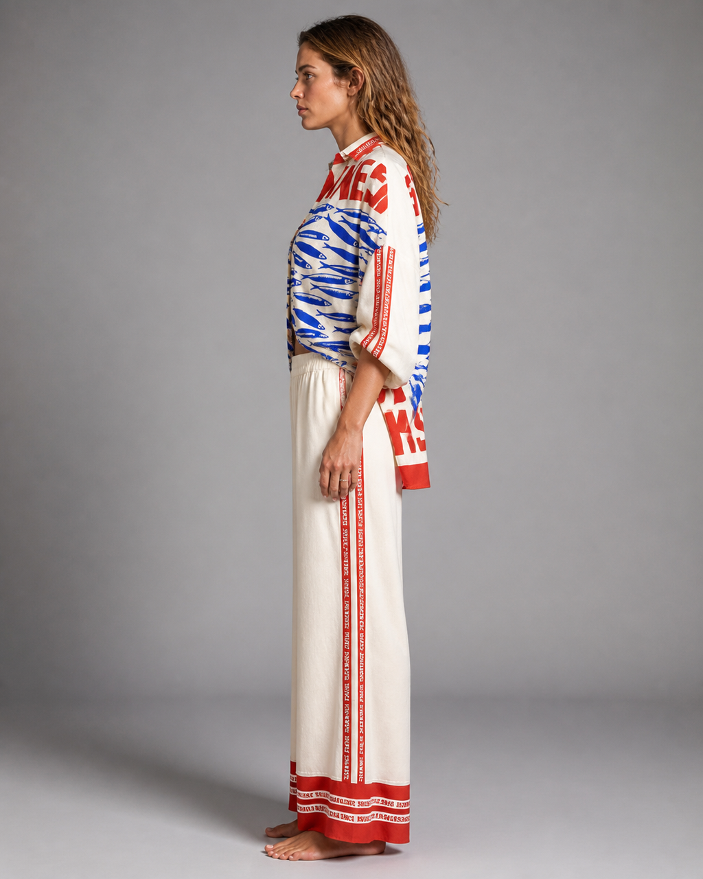 Levi Printed Co-Ord | Women's Two-Piece Shirt & Trouser Set — Red/Blue — side