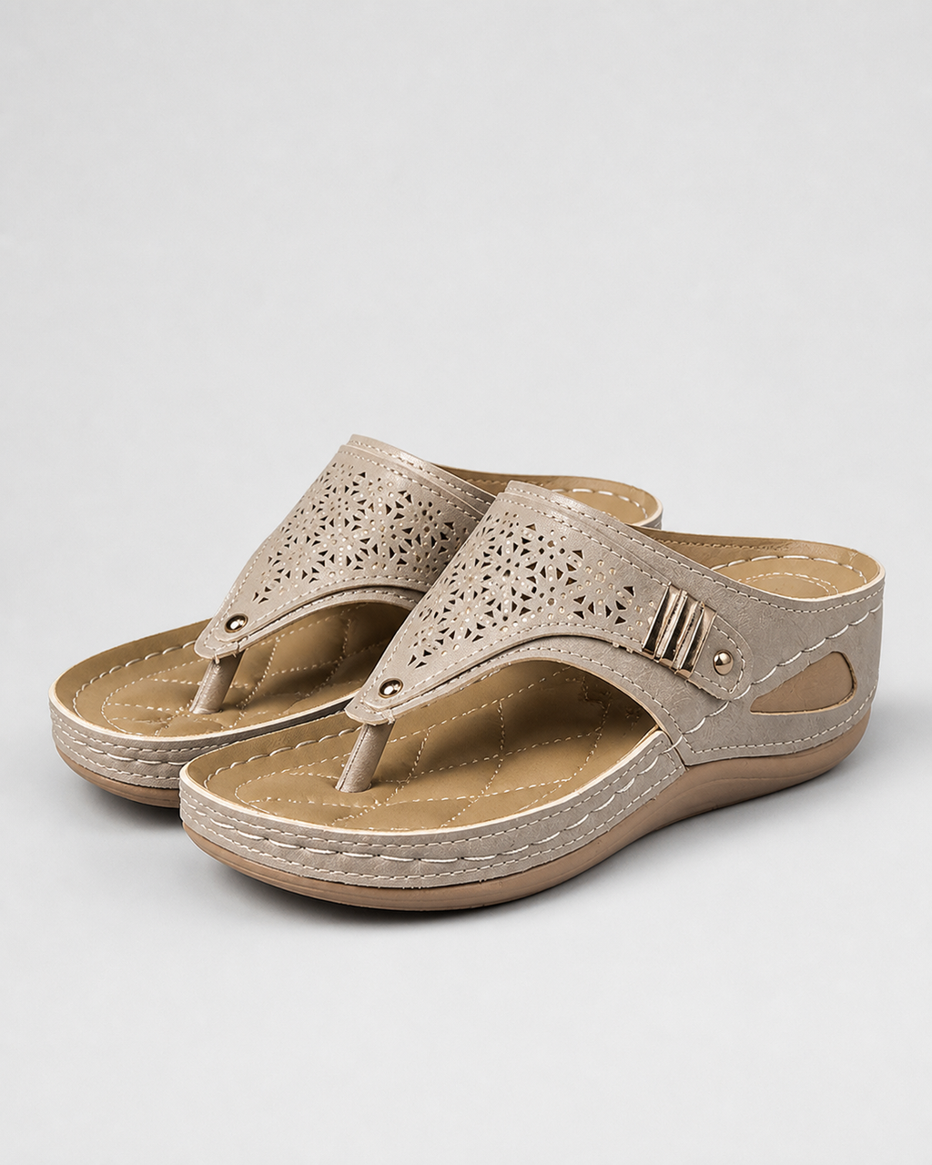 Zara Embroidered Wedge Sandals | Women's Toe-Post Slip-On Sandals — Khaki — hero