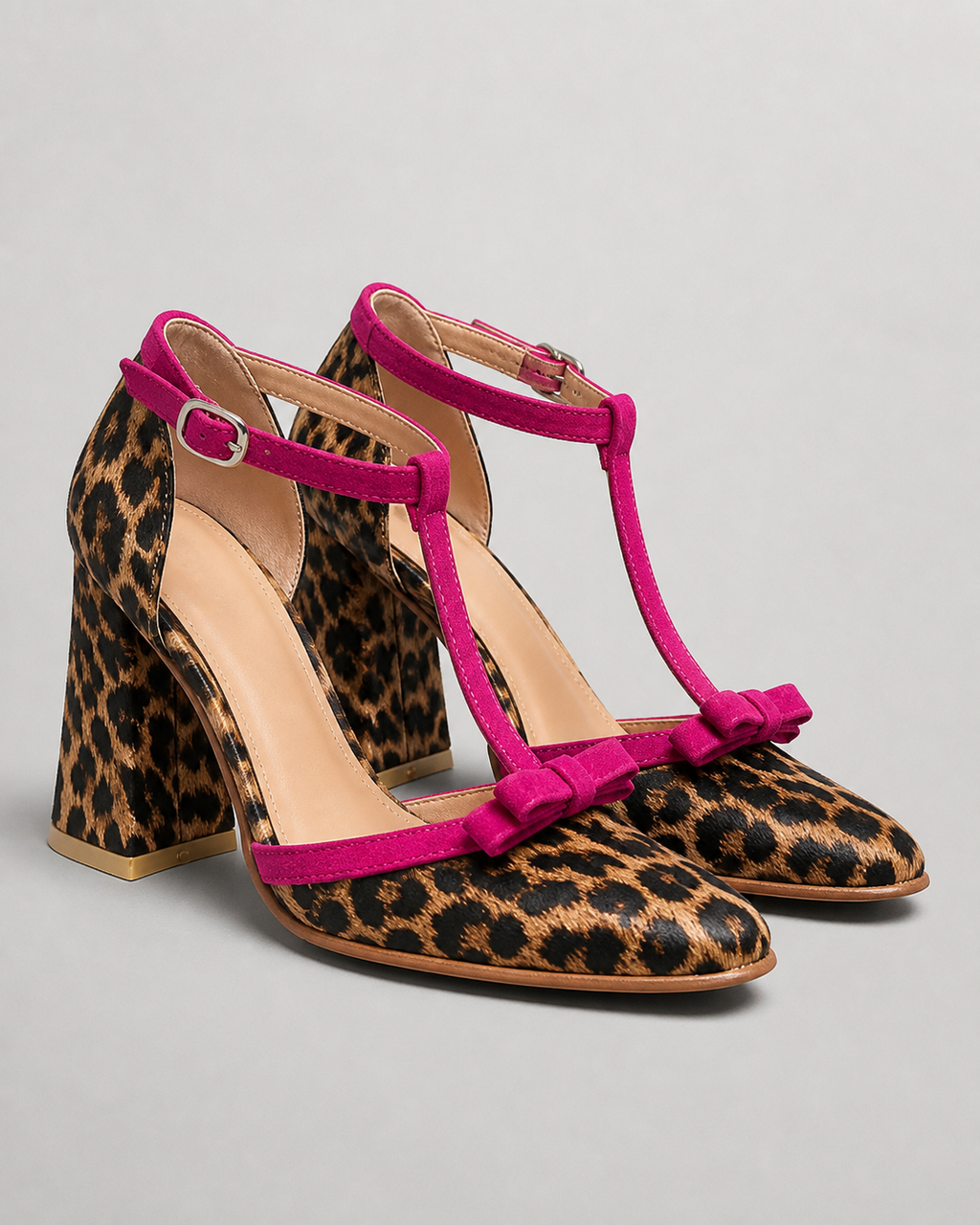 Leontina Leopard T-Strap Sandals | Women's Heeled Summer Sandals — Khaki — hero